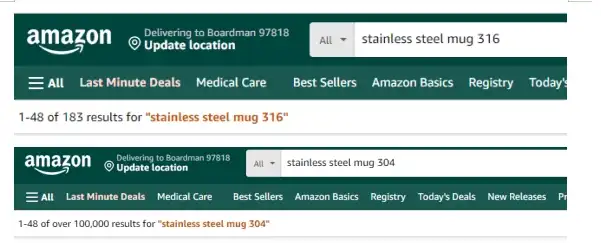 amazon search for 316 and 304
